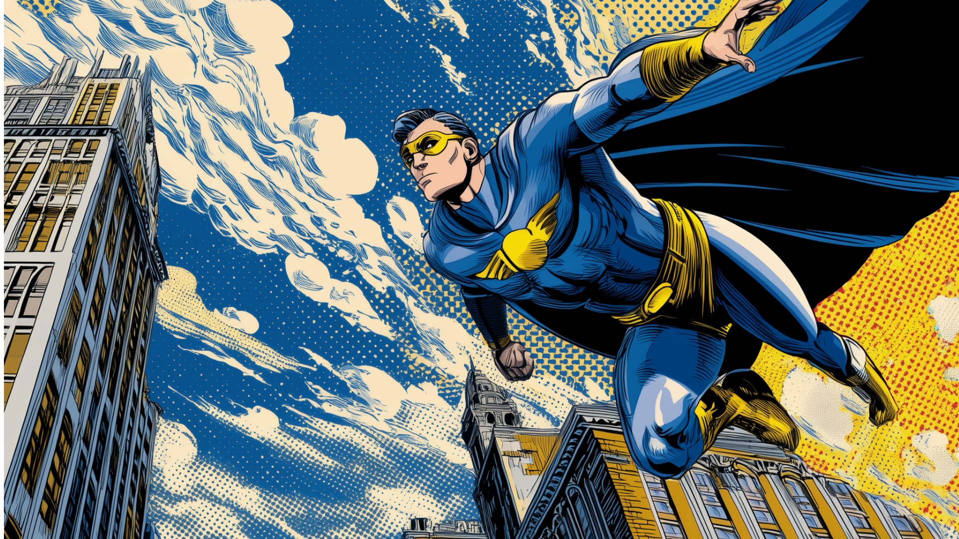Masked superhero flying above the city