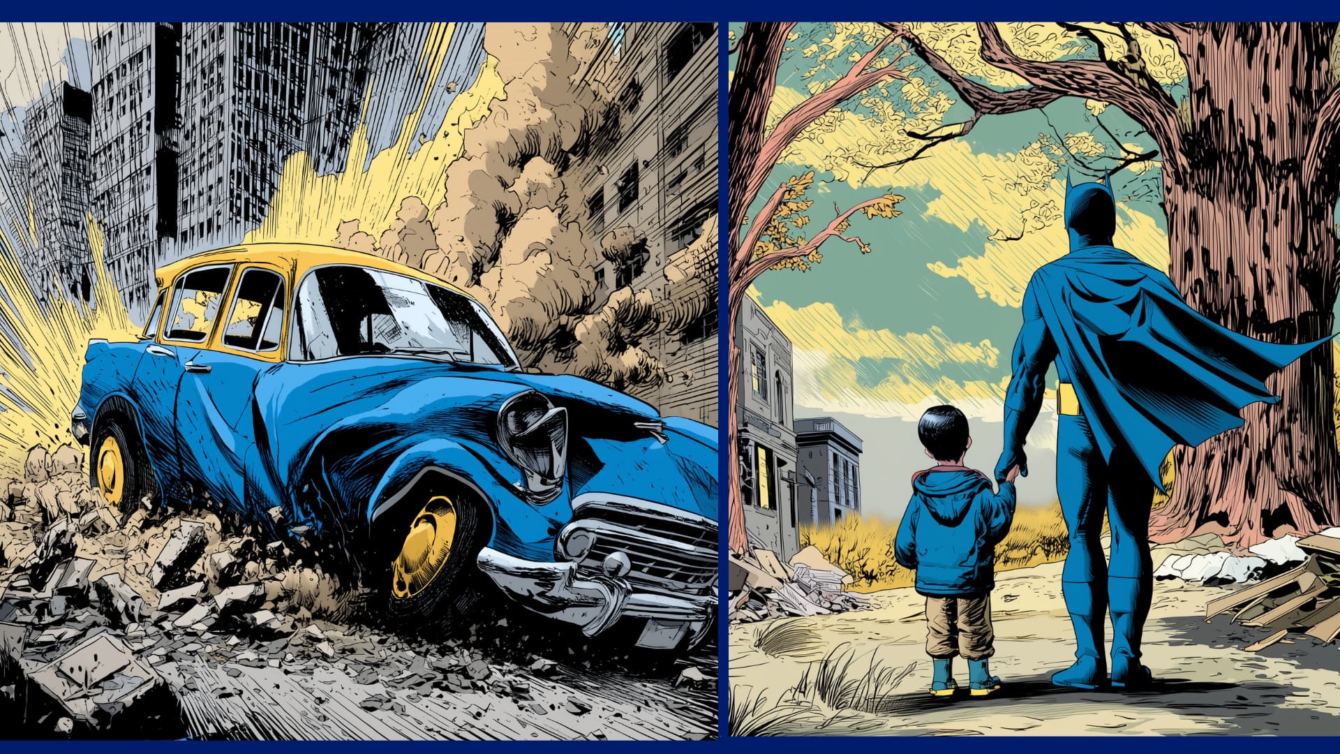 Comic book scene of disaster and hope