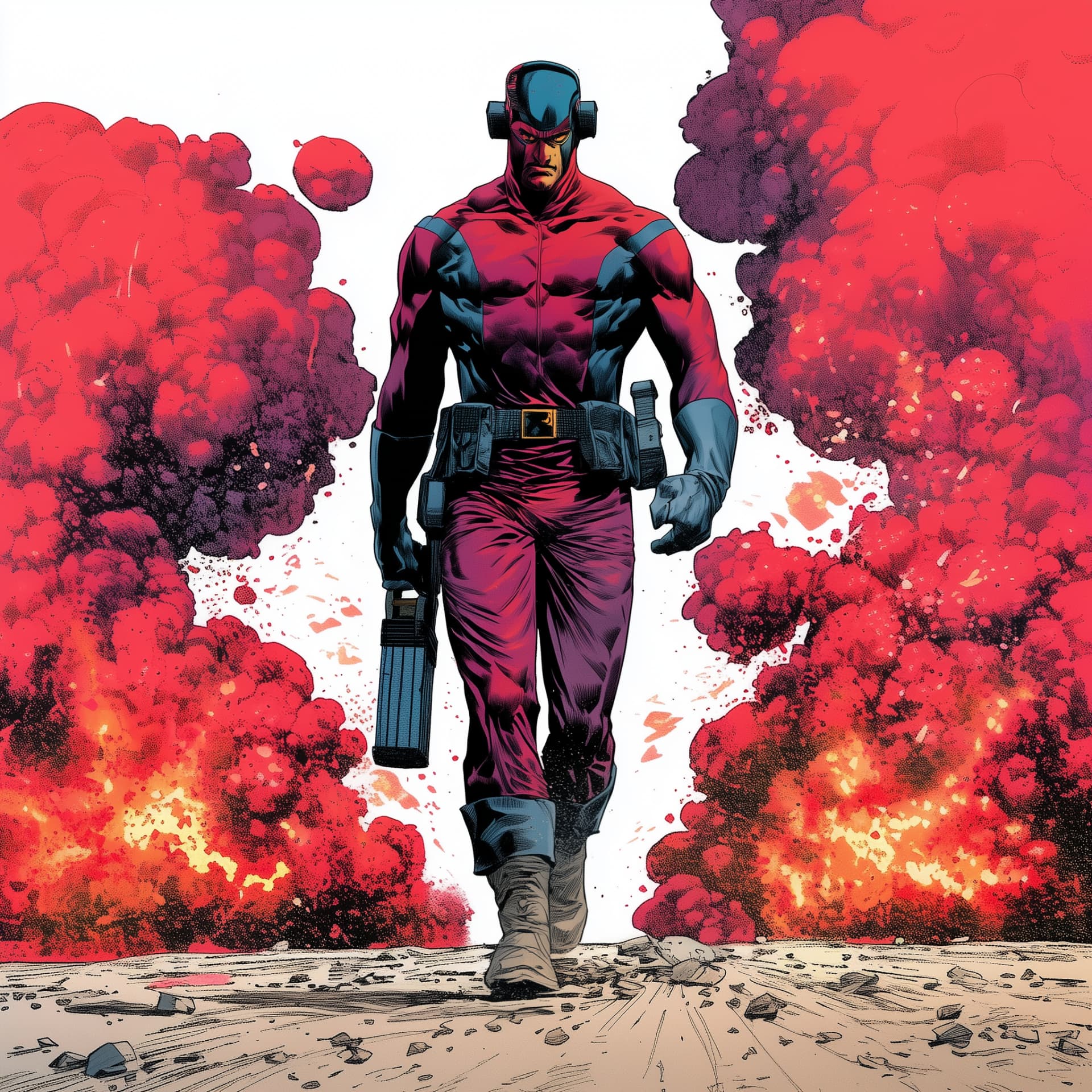 Studiorover a full body shot of this villian with an explosion