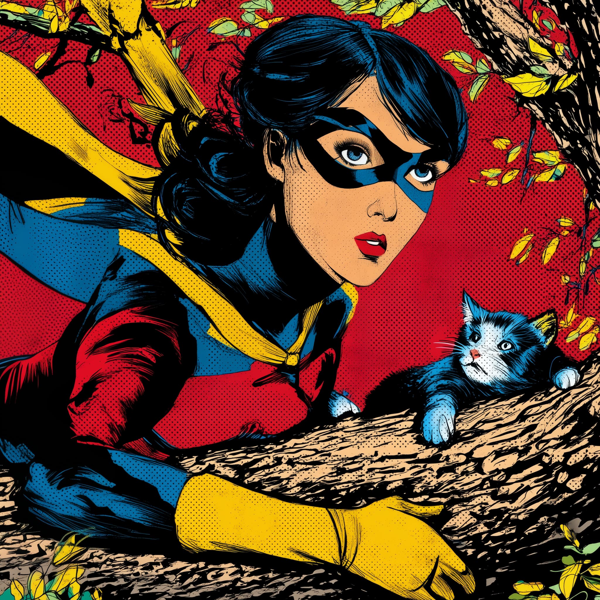 Studiorover a female superhero sidekick rescuing a kitten from